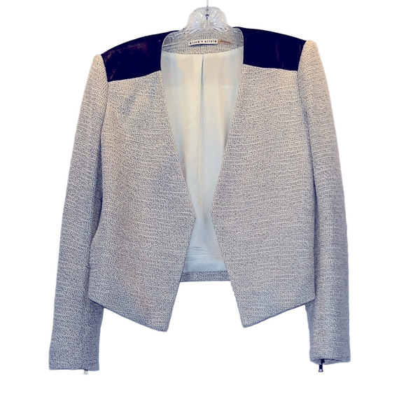 Alice & Olivia Elegant Women's Tweed Cream and Black Fine Leather Jacket, Size 6 - Picture 2 of 14